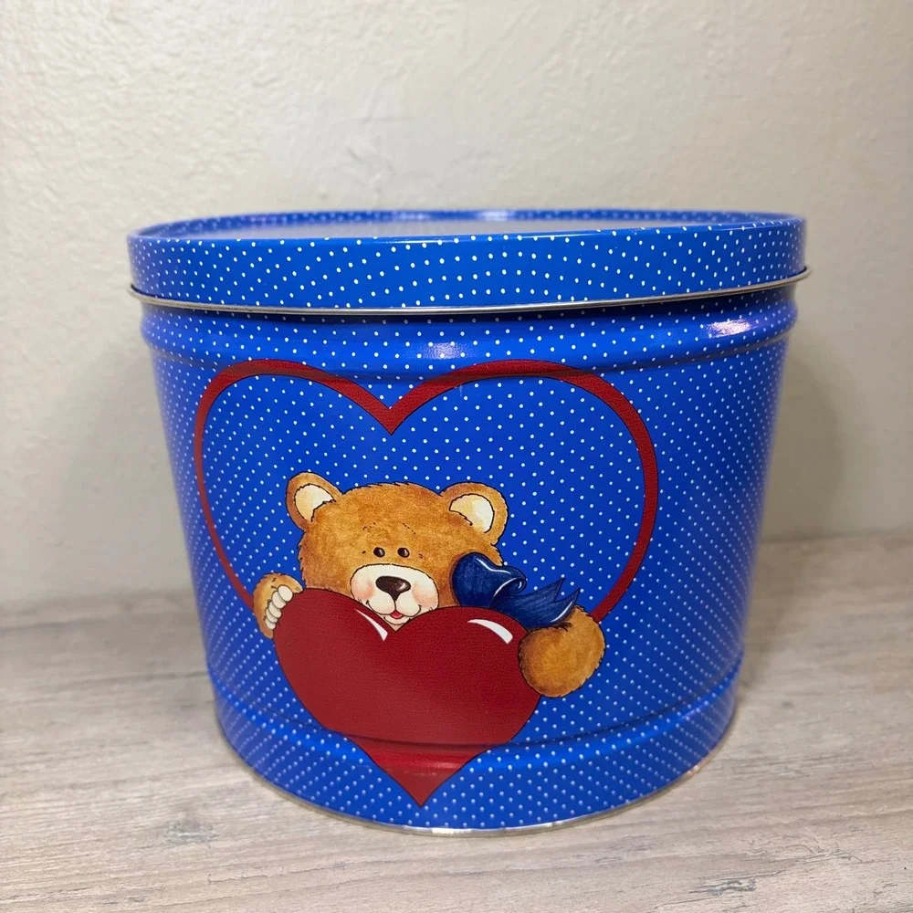 Vintage Teddy Bear Heart Blue Polka Dot Metal Cookie Tin Storage Container 10